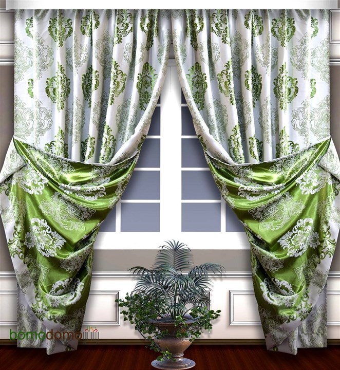 Готовые шторы Блэкаут-жаккард Корона белый/зеленый - фото 103485