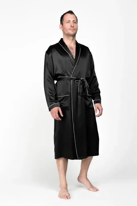 BLACK PREMIUM / ЧЕРНЫЙ ПРЕМИУМ PREMIUM XXXL (54-56) Мужской шелковый халат, 100% Mulberry MRBL2003XL-p